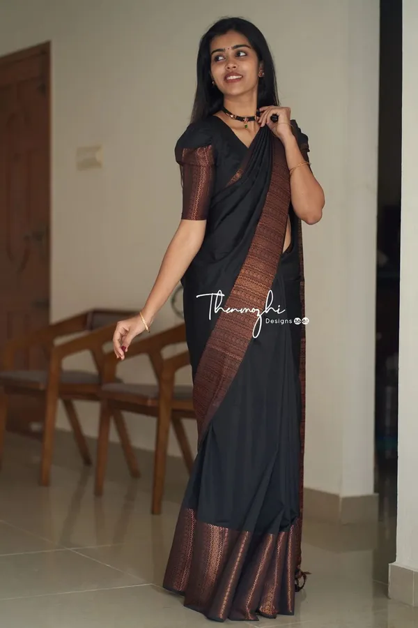Elegant_Black_Soft_Lichi_Silk_Saree_with_Copper_Jacquard_Woven_Border