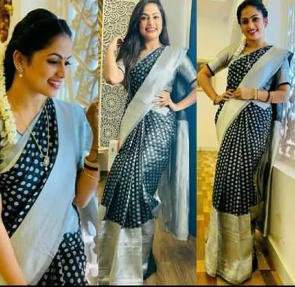 Elegant_Black_&_Silver_Polka_Dot_Soft_Lichi_Silk_Saree_with_Rich_Jacquard_Pallu