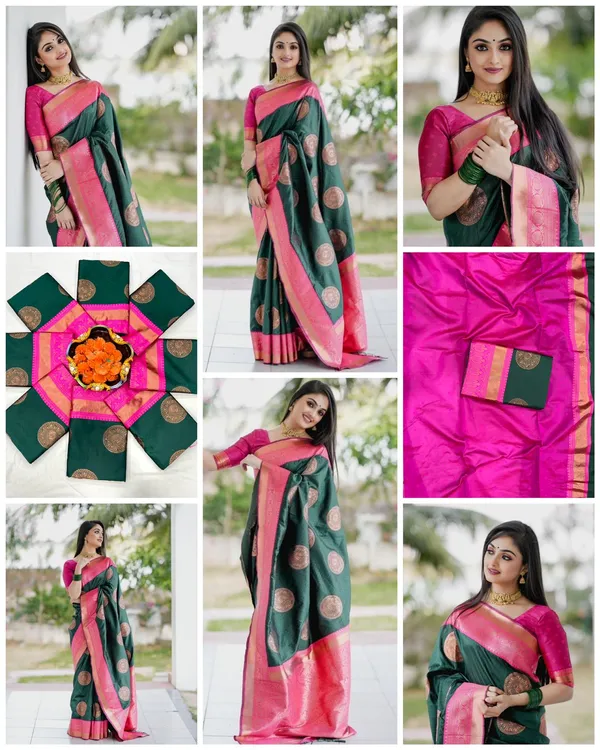 Elegant_Bottle_Green_Saree_with_Pink_Golden_Border_&_Rich_Circular_Woven_Motifs