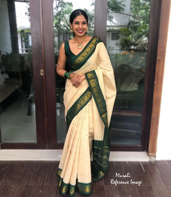 Elegant_Cream_&_Green_Lichi_Silk_Jacquard_Saree