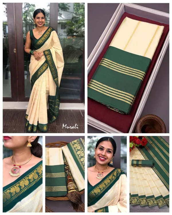Elegant_Cream_&_Green_Lichi_Silk_Jacquard_Saree