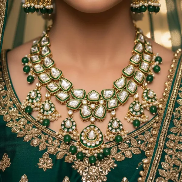 Elegant_Green_Kundan_Necklace_Set_With_Pearl_Drops,_Jhumka_Earrings_&_Maang_Tikka