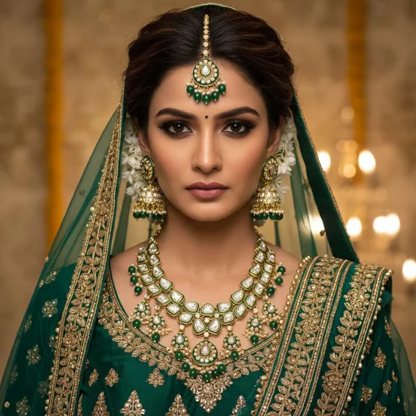 Elegant_Green_Kundan_Necklace_Set_With_Pearl_Drops,_Jhumka_Earrings_&_Maang_Tikka