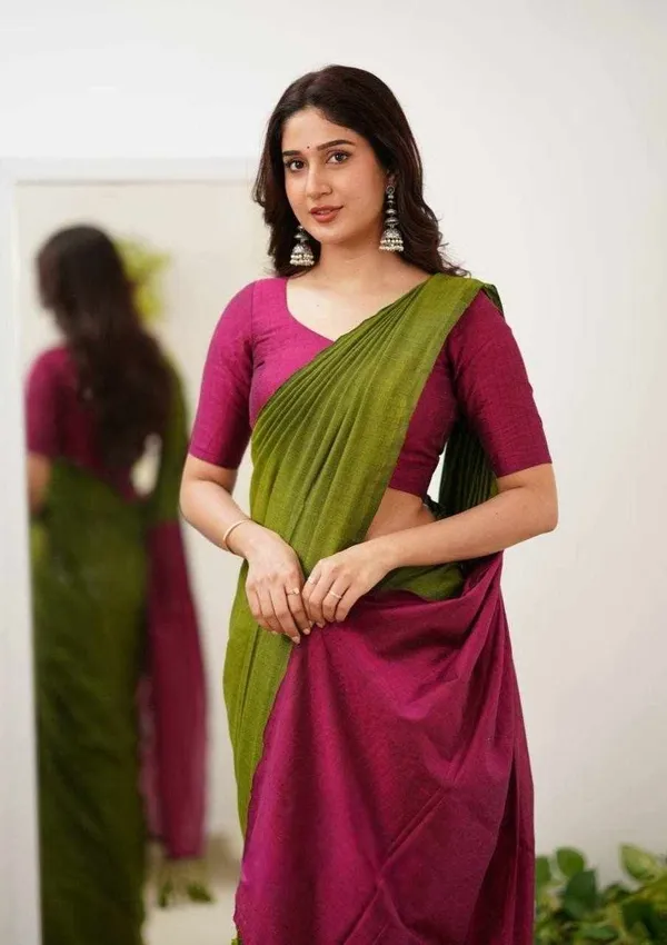 Elegant_Green_Lilan_Saree_with_Contrast_Blouse_&_Designer_Pallu