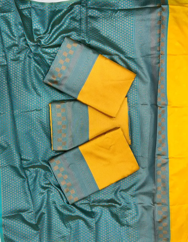 Elegant_Mustard_Yellow_Soft_Lichi_Silk_Saree_with_Teal_Woven_Border