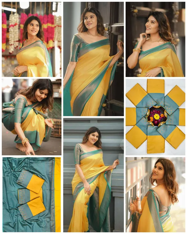 Elegant_Mustard_Yellow_Soft_Lichi_Silk_Saree_with_Teal_Woven_Border