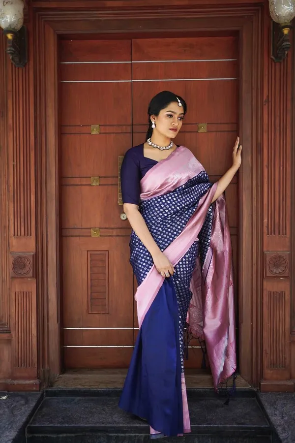 Elegant_Navy_Blue_Saree_with_Pink_Border_&_Printed_Motif_Design
