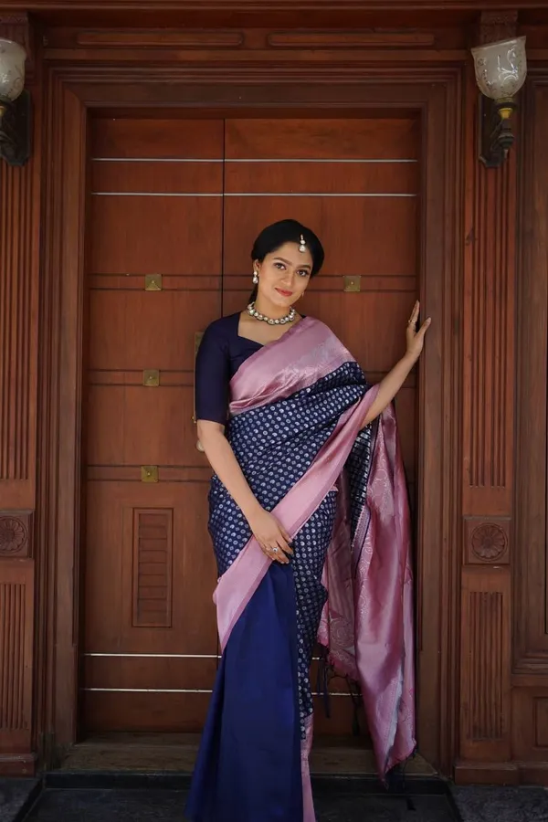 Elegant_Navy_Blue_Saree_with_Pink_Border_&_Printed_Motif_Design