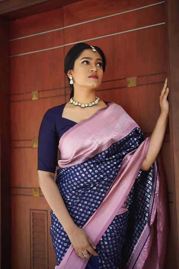 Elegant_Navy_Blue_Saree_with_Pink_Border_&_Printed_Motif_Design
