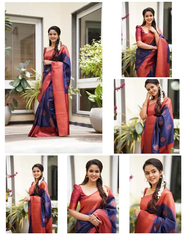 Elegant_Navy_Blue_&_Coral_Lichi_Silk_Jacquard_Saree