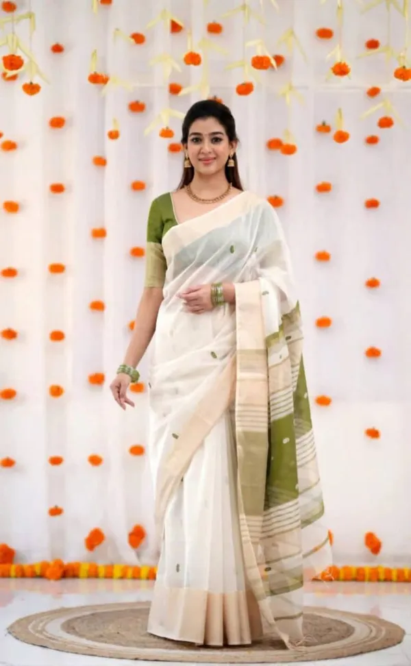 Elegant_Off-White_&_Green_Woven_Cotton_Saree_with_Designer_Pallu_&_Contrast_Border