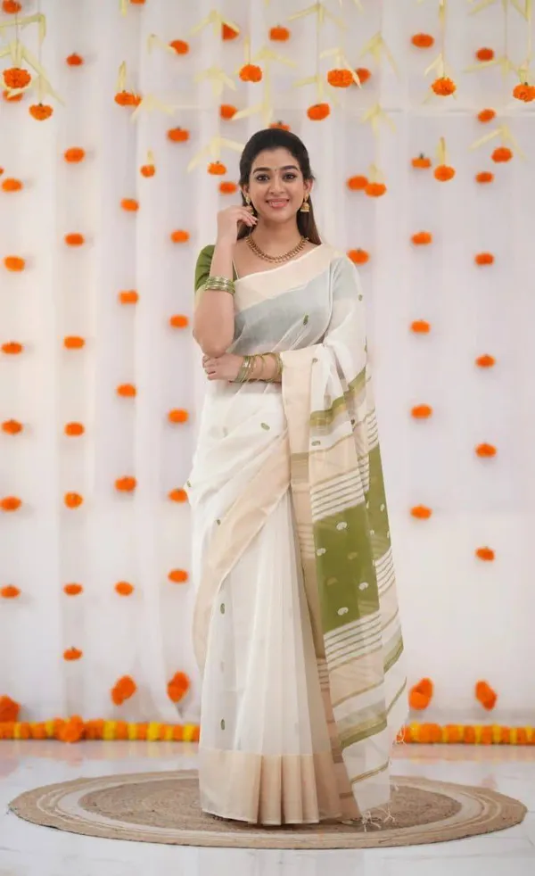 Elegant_Off-White_&_Green_Woven_Cotton_Saree_with_Designer_Pallu_&_Contrast_Border