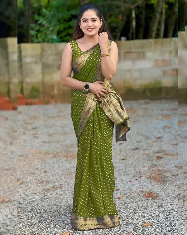 Elegant_Olive_Green_Georgette_Saree_with_Golden_Zari_Floral_Border_&_Designer_Pallu