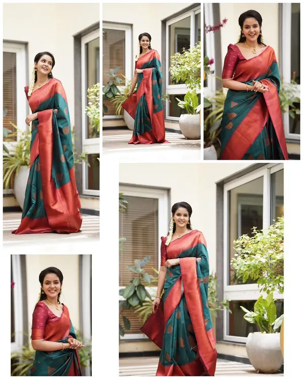 Elegant_Rama_Green_&_Coral_Lichi_Silk_Jacquard_Saree