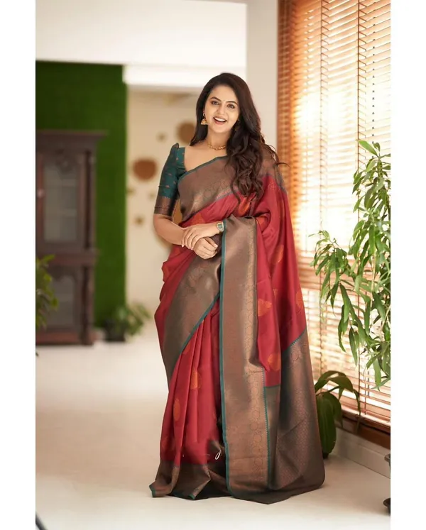 Elegant_Red_&_Teal_Lichi_Silk_Jacquard_Saree