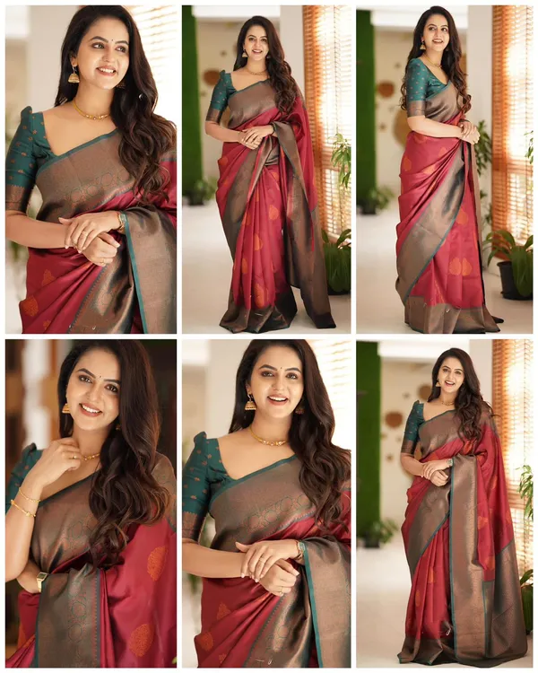 Elegant_Red_&_Teal_Lichi_Silk_Jacquard_Saree