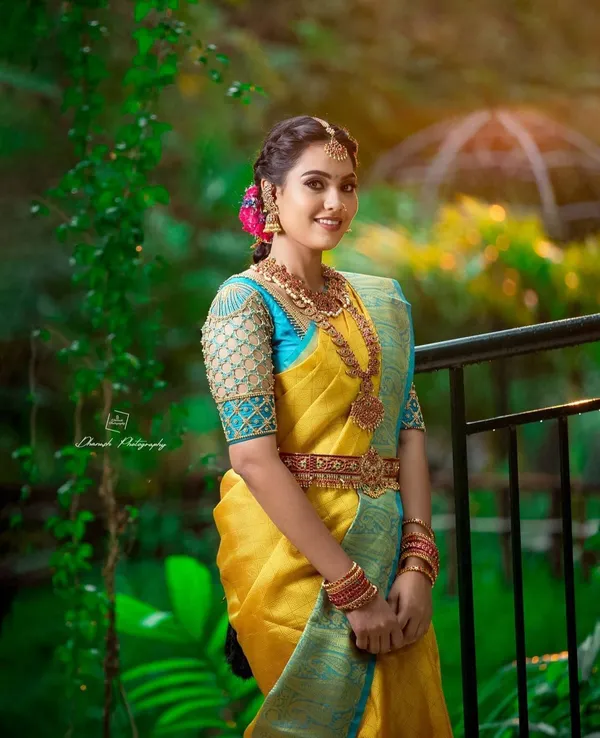 Elegant_Yellow_&_Turquoise_Blue_Soft_Lichi_Silk_Saree