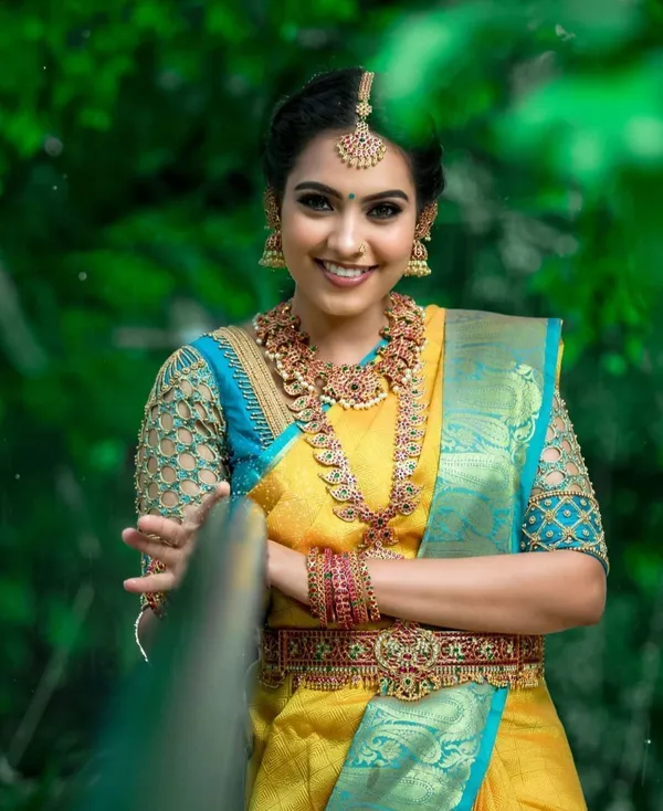 Elegant_Yellow_&_Turquoise_Blue_Soft_Lichi_Silk_Saree