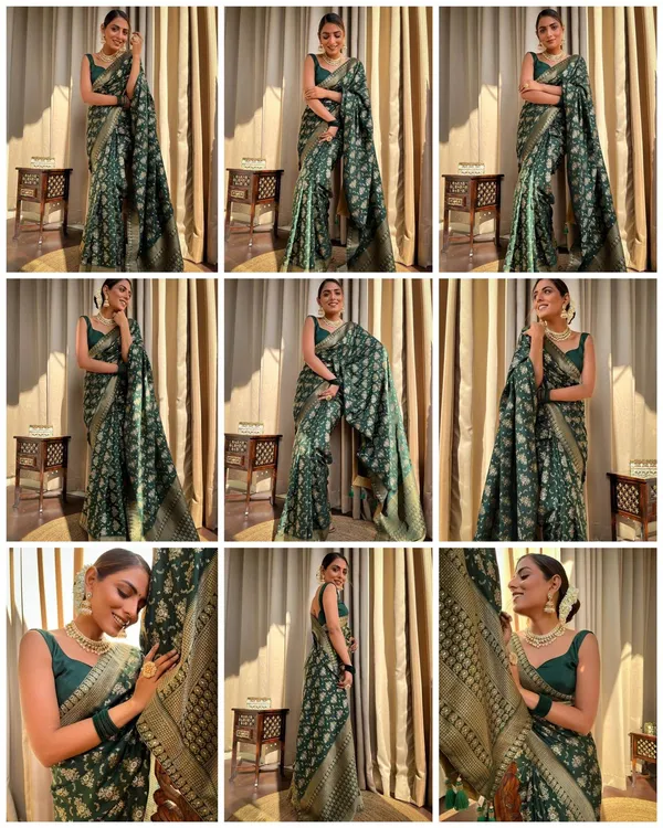 Emerald_Green_Soft_Lichi_Silk_Floral_Jacquard_Saree_with_Rich_Zari_Pallu