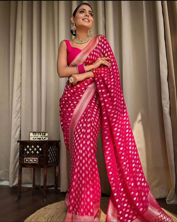 Gazari_Soft_Lichi_Silk_Saree_with_All-Over_Dot_Jacquard_&_Designer_Woven_Border