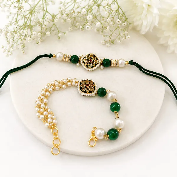 Premium_Green_Pearl_Bhaiya_Bhabhi_Rakhi_Combo_with_Designer_Lumba_Bracelet_|_Handmade_Kundan_Couple_Rakhi_Set_for_Raksha_Bandhan