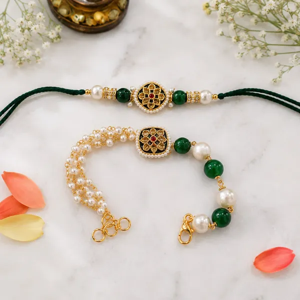 Premium_Green_Pearl_Bhaiya_Bhabhi_Rakhi_Combo_with_Designer_Lumba_Bracelet_|_Handmade_Kundan_Couple_Rakhi_Set_for_Raksha_Bandhan