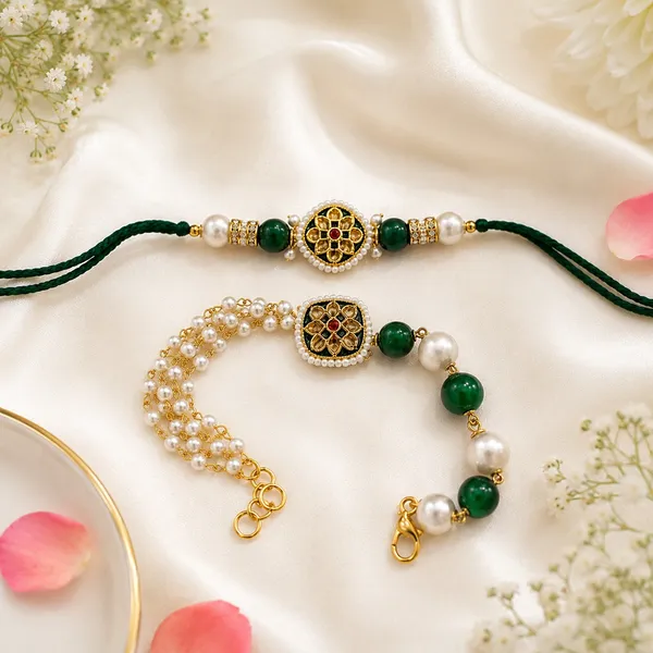 Premium_Green_Pearl_Bhaiya_Bhabhi_Rakhi_Combo_with_Designer_Lumba_Bracelet_|_Handmade_Kundan_Couple_Rakhi_Set_for_Raksha_Bandhan