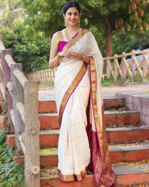Ivory_White_Soft_Lichi_Silk_Saree_with_Pink_Jacquard_Border