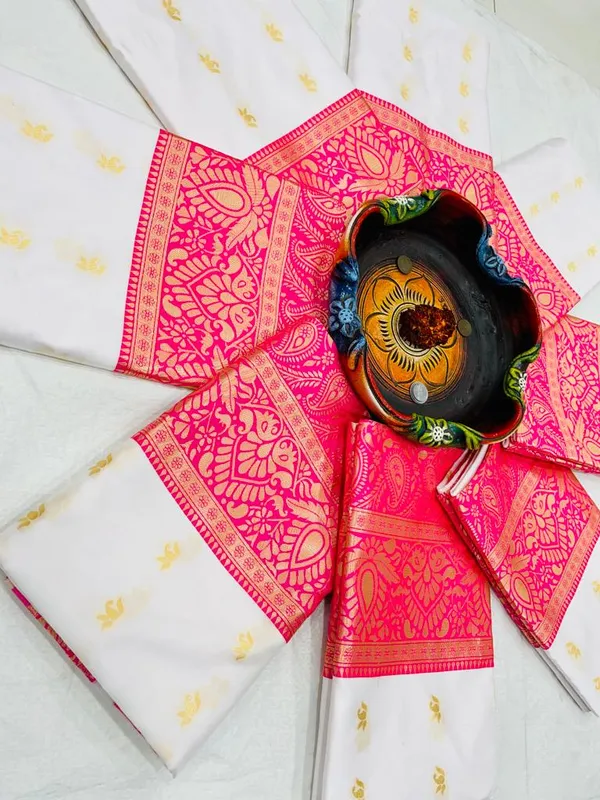 Ivory_White_Soft_Lichi_Silk_Saree_with_Pink_Jacquard_Border