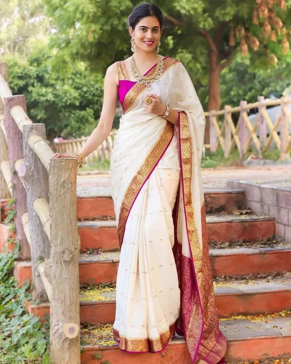 Ivory_White_Soft_Lichi_Silk_Saree_with_Pink_Jacquard_Border