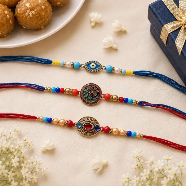 Multi_Color_Set_of_3_Thread_Rakhis_with_Elegant_Traditional_Handmade_Design_for_Raksha_Bandhan_Celebration_-_Multi