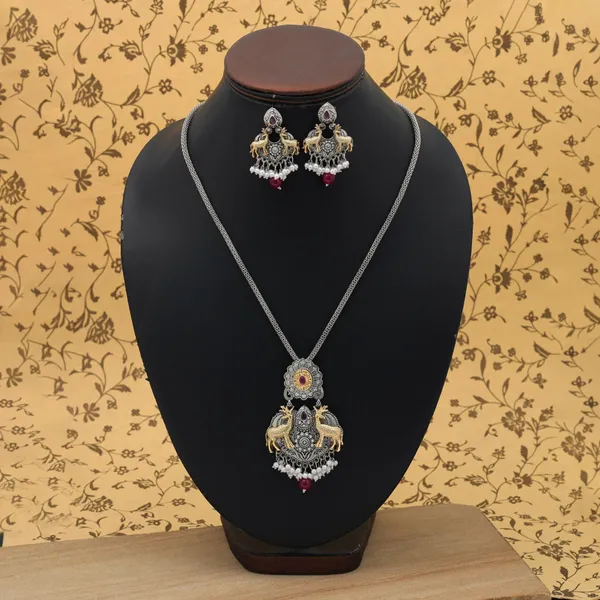 Maroon_Dual_Tone_Oxidised_Necklace_Set_with_Earrings_|_Antique_Ethnic_Jewelry