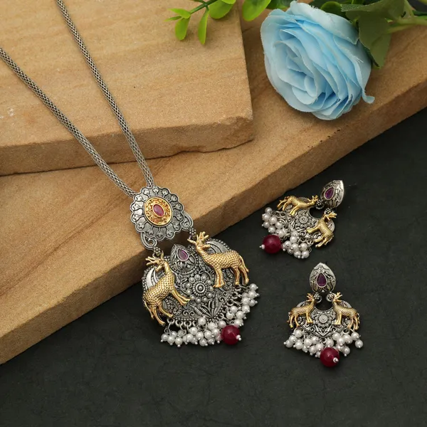 Maroon_Dual_Tone_Oxidised_Necklace_Set_with_Earrings_|_Antique_Ethnic_Jewelry