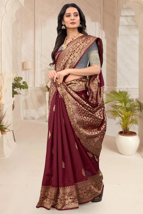 Dark_Maroon_Jacquard_Woven_Silk_Saree_with_Rich_Golden_Floral_Border_&_Designer_Pallu