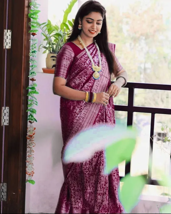Maroon_Soft_Lichi_Silk_Saree_with_Floral_Jacquard_Woven_Design_&_Rich_Zari_Border