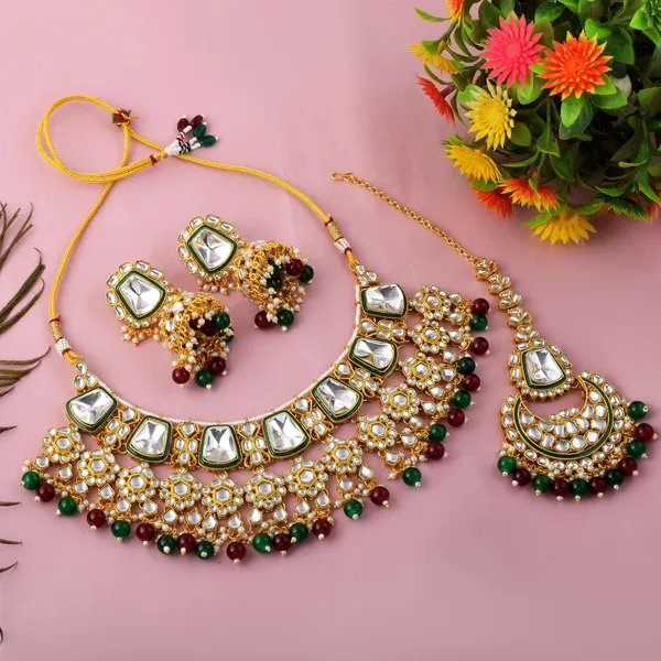 Maroon_&_Green_Kundan_Bridal_Necklace_Set_with_Maang_Tikka_&_Jhumka_Earrings_|_Gold_Plated_Traditional_Wedding_Jewellery