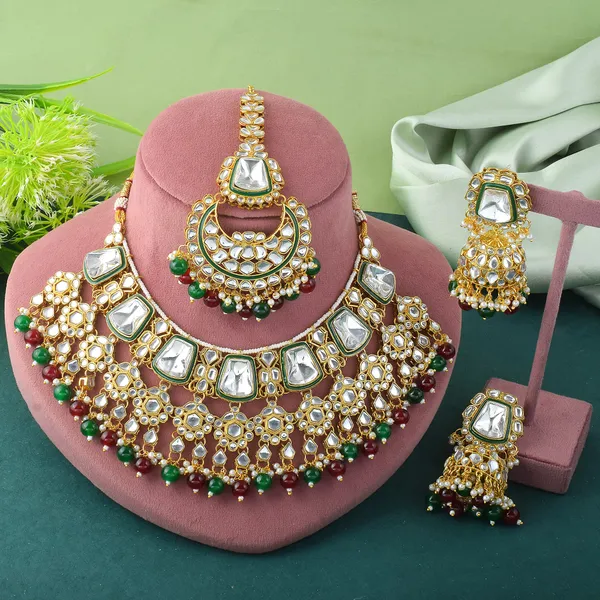 Maroon_&_Green_Kundan_Bridal_Necklace_Set_with_Maang_Tikka_&_Jhumka_Earrings_|_Gold_Plated_Traditional_Wedding_Jewellery