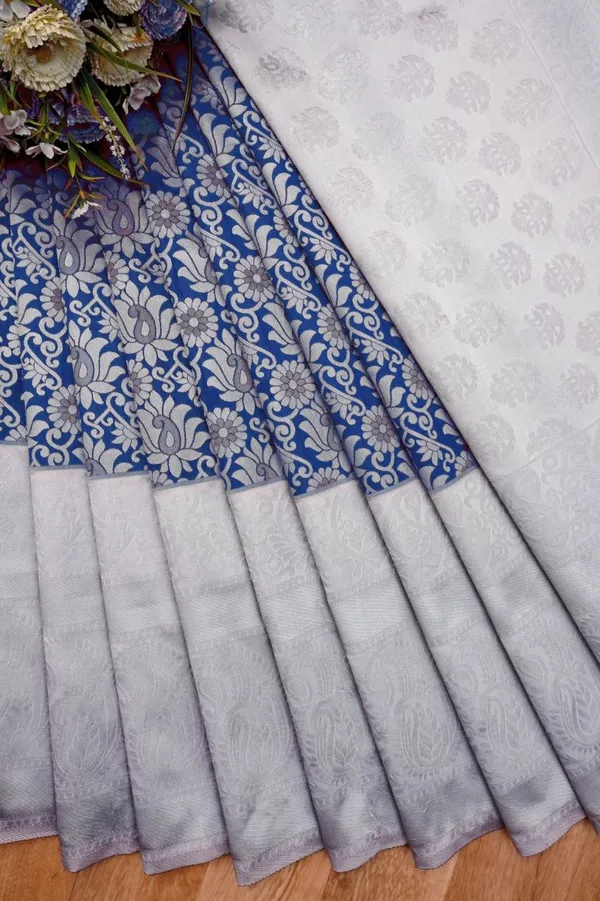 Navy_Blue_&_Silver_Soft_Lichi_Silk_Jacquard_Saree