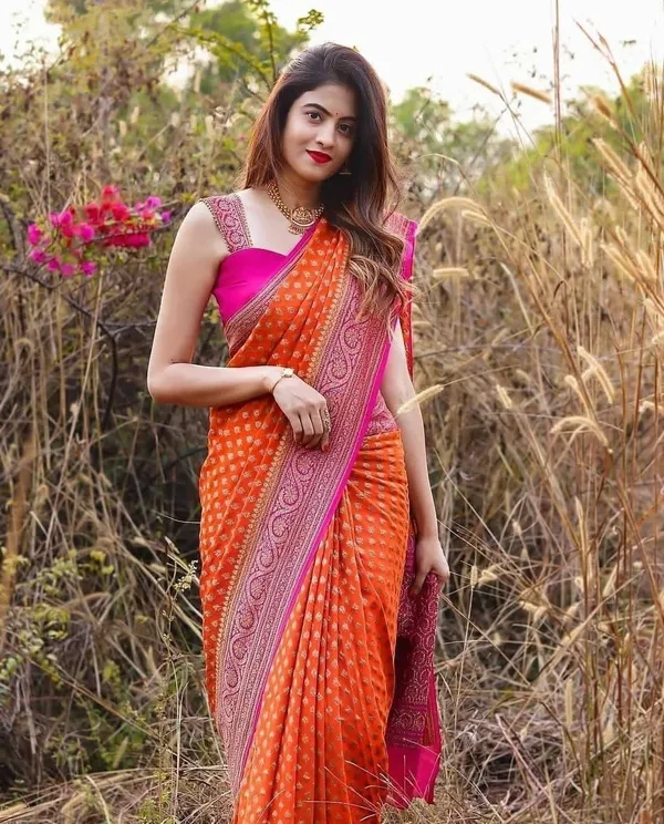 Orange_Soft_Lichi_Silk_Saree_with_Rich_Jacquard_Pallu_&_Pink_Woven_Border