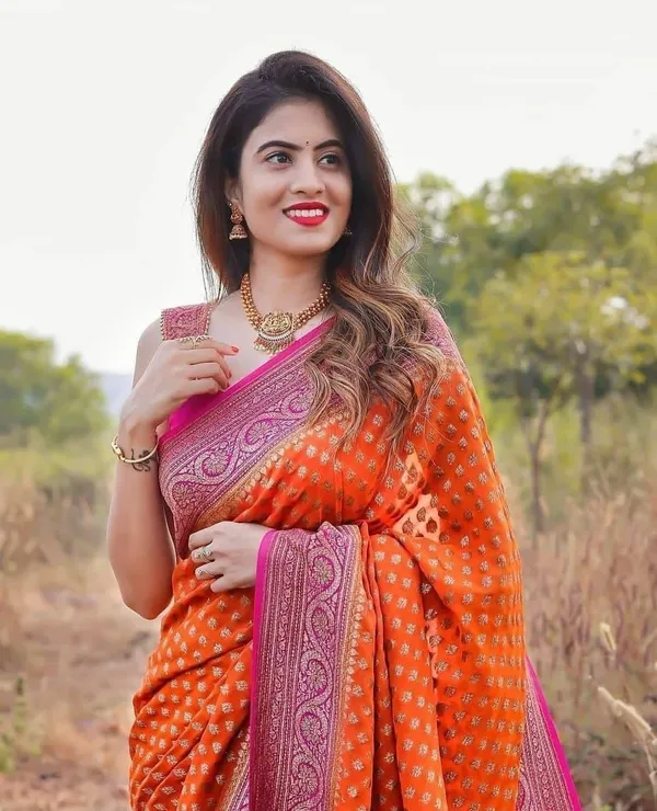 Orange_Soft_Lichi_Silk_Saree_with_Rich_Jacquard_Pallu_&_Pink_Woven_Border