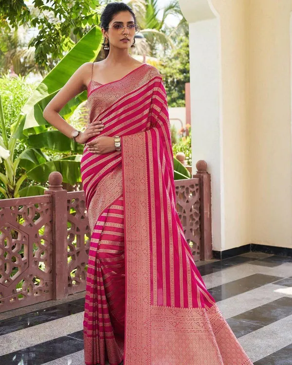 Pink_Soft_Lichi_Silk_Saree_with_Golden_Jacquard_Stripes_&_Floral_Zari_Border
