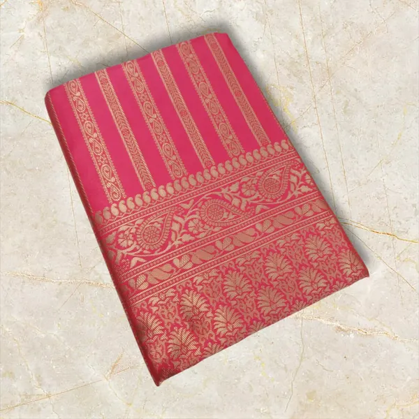 Pink_Soft_Lichi_Silk_Saree_with_Golden_Jacquard_Stripes_&_Floral_Zari_Border