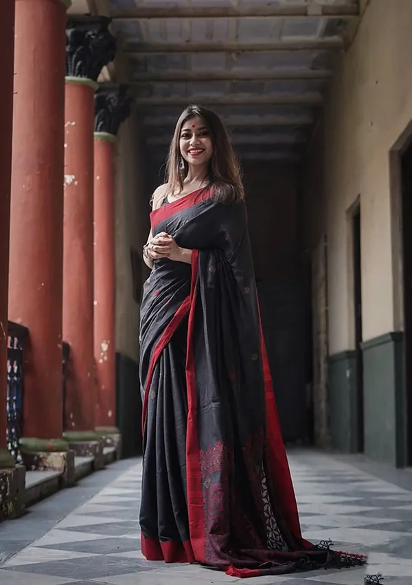 Premium_Black_Lilan_Slab_Saree_with_Rich_Woven_Pallu_&_Red_Border