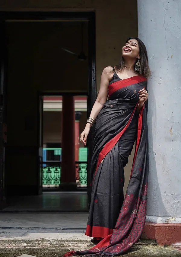 Premium_Black_Lilan_Slab_Saree_with_Rich_Woven_Pallu_&_Red_Border