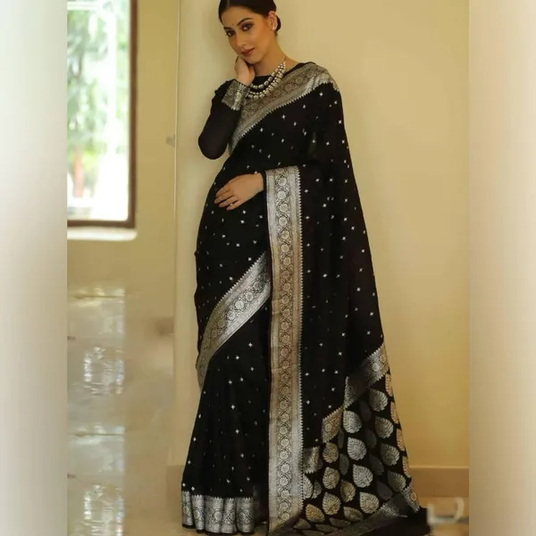 Premium_Black_Soft_Lichi_Silk_Saree_with_Silver_Jacquard_Border