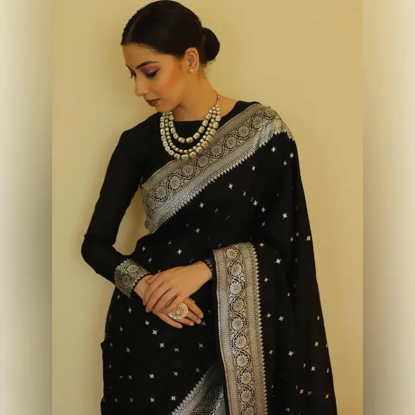 Premium_Black_Soft_Lichi_Silk_Saree_with_Silver_Jacquard_Border