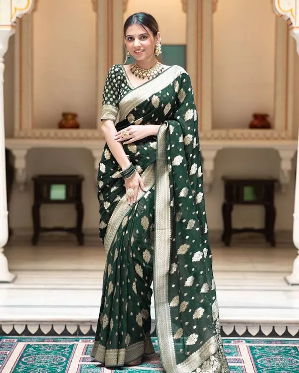 Premium_Bottle_Green_Soft_Lichi_Silk_Saree_with_Rich_Pallu_&_All-Over_Jacquard_Work_|