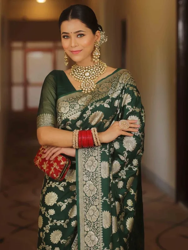 Premium_Dark_Green_Soft_Lichi_Silk_Saree_with_Rich_Jacquard_Pallu_&_Zari_Floral_Border