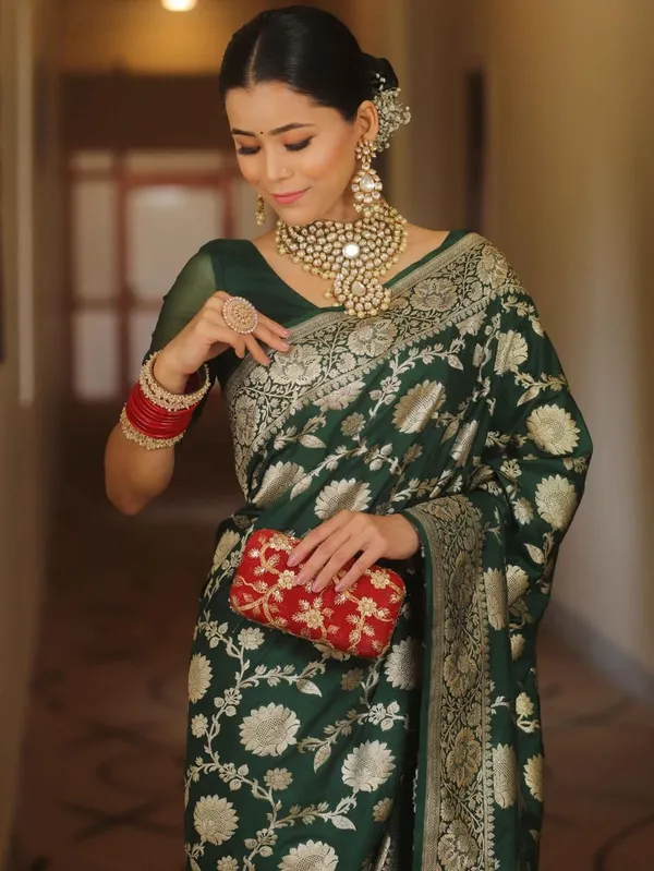 Premium_Dark_Green_Soft_Lichi_Silk_Saree_with_Rich_Jacquard_Pallu_&_Zari_Floral_Border