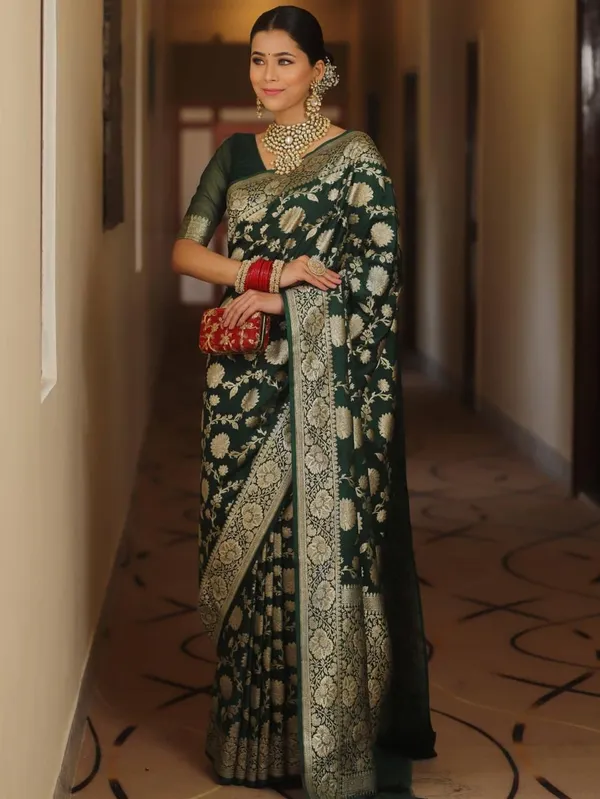 Premium_Dark_Green_Soft_Lichi_Silk_Saree_with_Rich_Jacquard_Pallu_&_Zari_Floral_Border